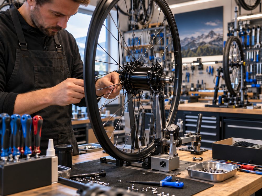 Un mécanicien rayonne une roue de vélo cargo sur un banc de montage, dans un atelier équipé d'outils et de rayons.