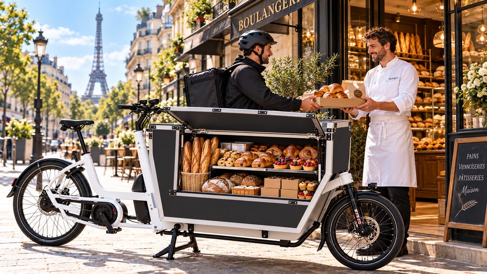 Un livreur remet un carton de viennoiseries à un boulanger devant sa boutique parisienne, à côté d'un vélo cargo ouvert rempli de baguettes, de pains et de pâtisseries, avec la tour Eiffel au fond.