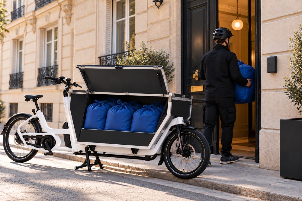 Un livreur de dos en veste noire porte un sac de linge bleu dans l'entrée d'un immeuble parisien, à côté d'un vélo cargo ouvert rempli de sacs bleus.