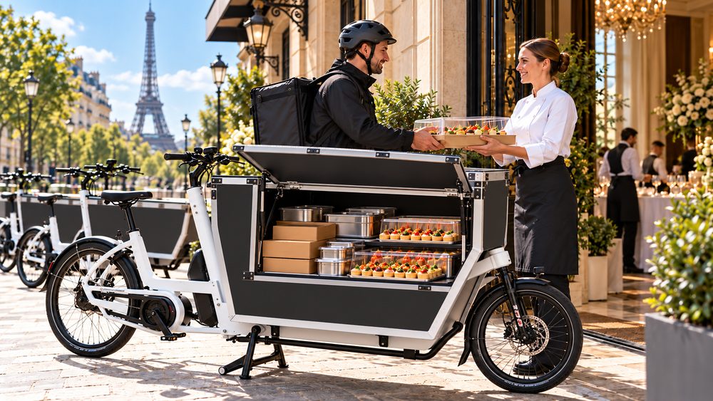 Un livreur remet un plateau de petits fours à une cheffe devant un hôtel parisien, à côté d'un vélo cargo ouvert rempli de bacs isothermes, avec la tour Eiffel au fond.