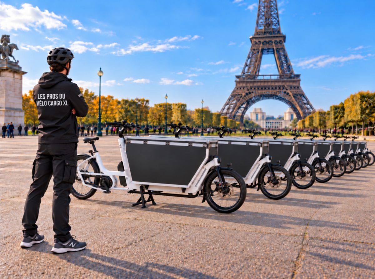 Un livreur de dos, en veste noire « Les Pros du Vélo Cargo XL », regarde une rangée de vélos cargo blancs alignés devant la tour Eiffel, à Paris.